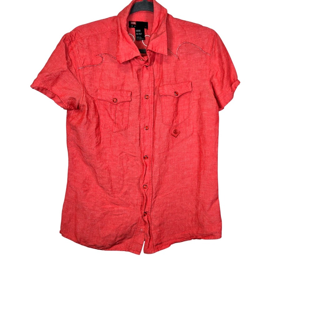 Diesel Mens Short Sleeve Western Shirt Coral Red Linen Blend Embroidered Medium